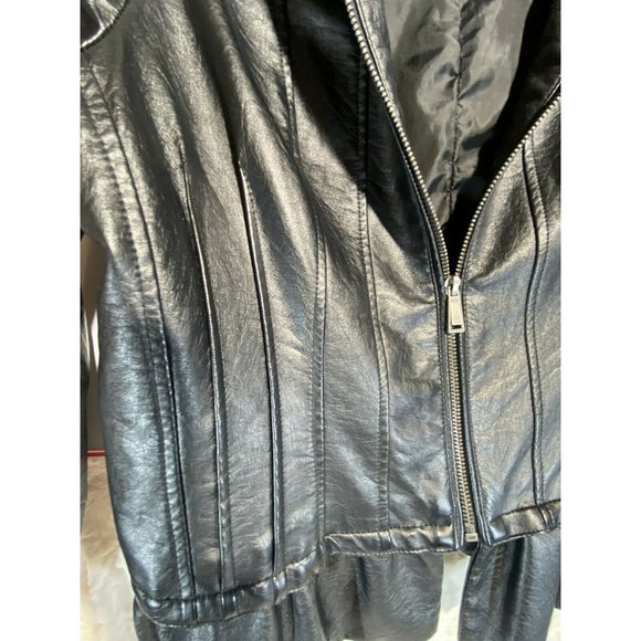 Odyn Women Black Faux Leather Jacket Ruffled szM - Picture 7 of 10